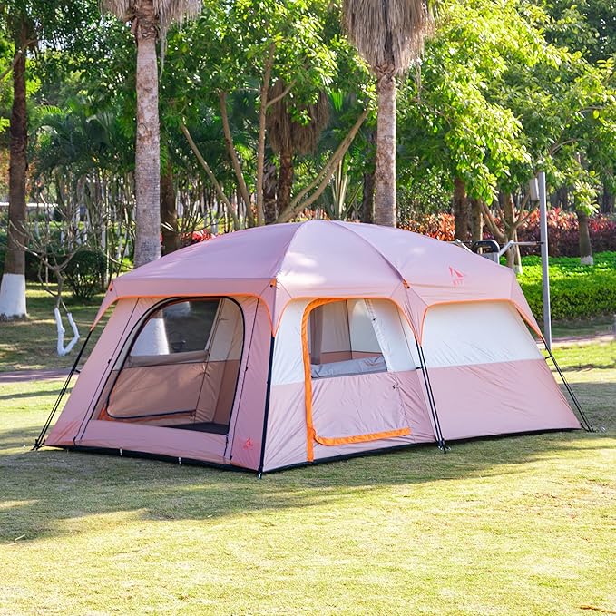 KTT Extra Large Tent 6-10-12-14 Person(A),Family Cabin Tents,2 Rooms,3 Doors and 3 Windows with Mesh,Straight Wall,Waterproof,Double Layer,Big Tent for Outdoor,Picnic,Camping,Family Gathering