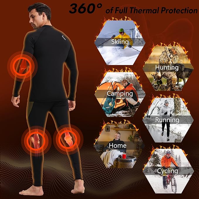 romision 2 Pack Thermal Underwear for Men Long Johns Fleece Lined Hunting Gear Bottom Top Set Base Layer Cold Weather XS-4XL