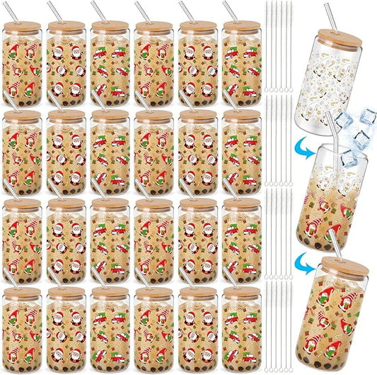 24 Pcs Christmas Color Changing Cups with Lids and Straws 16 oz Christmas Glass Tumblers Xmas Iced Coffee Cup Can Shape Drinking Glasses for Xmas Gift Party Favors Decor (Red Green Pattern)