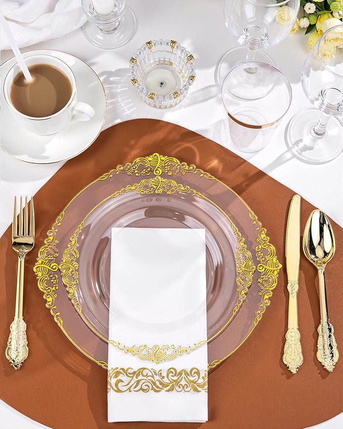 Nervure 100PCS Clear and Gold Plastic Plates - 7.5inch Clear Disposable Plates - Heavyweight Gold Plastic Plate - Dessert Plate for Wedding & Party & Thanksgiving