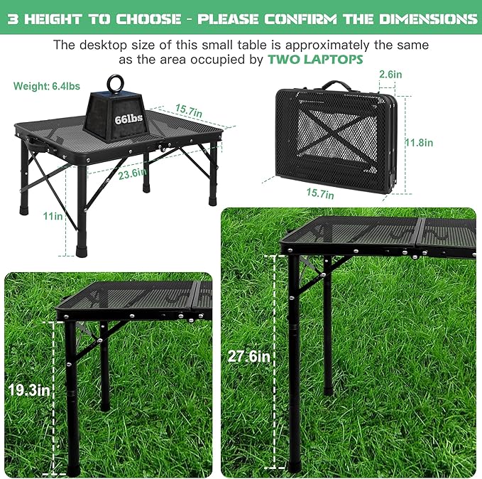 Small Folding Grill Table for Outside, 3 Heights Adjustable Lightweight Portable Metal Outdoor Grill Table for Camping Picnic Cooking BBQ, Black