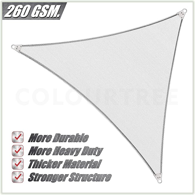 ColourTree Super Ring 16' x 16' x 16' Beige Triangle Sun Shade Sail, Commercial Grade UPF50 Canopy, Reinforced Corners & Edges, 260 GSM Fabric Heavy Duty -3 Years Warranty (We Make Custom Size)