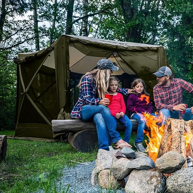 CLAM Pop Up Screen Tent, Outdoor Camping Gazebo Canopy, Pavilion, 12.5', Green/Tan - Heavy-Duty Portable Screened Shelter with Netting for Beach, Patio, and Backyard