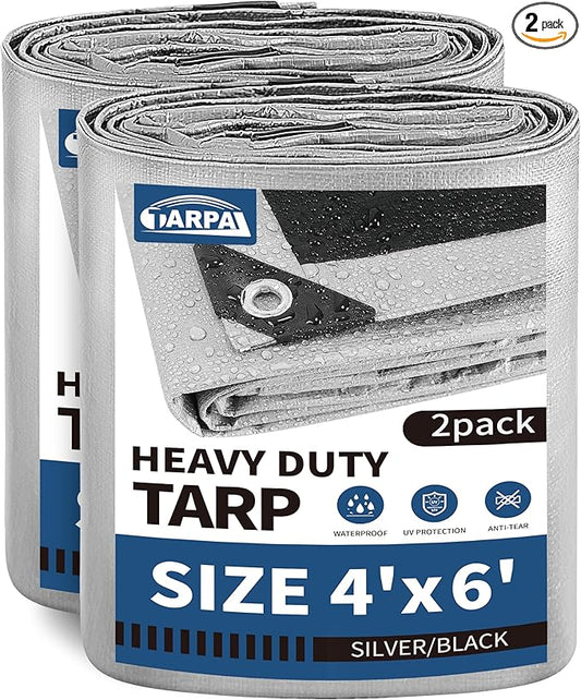 TARPAL Small Tarps 4x6 Feet(2-Pack) Heavy Duty Tarp 10.5Mil Multipurpose Protective Cover Waterproof,Snow or UV Protection,Durable Reinforced Edges,Silver/Black