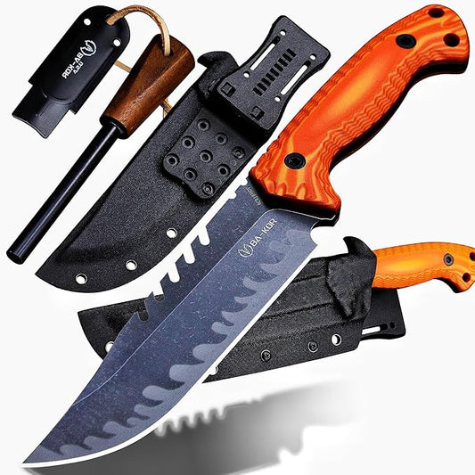 BA-KOR 12.4in Full Tang Fixed Blade Hunting Knife – 6mm 9CR18MoV Steel, G10 Handle, Stonewashed Sawback Blade with Kydex Sheath & Fire Starter for Outdoor, Camping, Survival (Orange with light yellow stripes)
