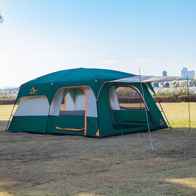 KTT Extra Large Tent 6-10-12-14 Person(A),Family Cabin Tents,2 Rooms,3 Doors and 3 Windows with Mesh,Straight Wall,Waterproof,Double Layer,Big Tent for Outdoor,Picnic,Camping,Family Gathering