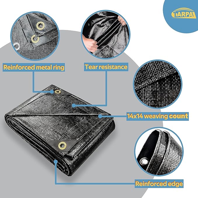 TARPAL tarp Waterproof 4x10 feet Black Heavy Duty tarp 14mil polyethylene tarps Multifunctional Tarpaulin，Snow or UV Protection,Suitable for Outdoor Furniture, awnings,Roofs,Tents Cover