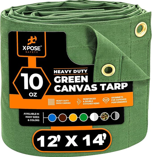 Xpose Safety Canvas Tarp - 10oz Green Canvas Tarps Heavy Duty Water Resistant with Brass Grommets- Multipurpose Outdoor Tarpaulin for Camping, Canopy, Trailer,Equipment Cover 12' x 14'