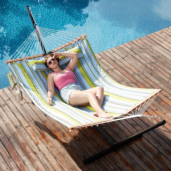 Two Person Hammock with Stand Heavy Duty, Outdoor Patio Hammock with Portable Steel Stand, Large Double Hammocks,480lbs Capacity. (Light Blue Stripes)