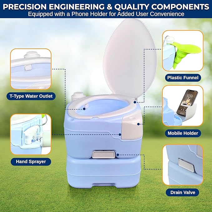 SereneLife 4 Gallon Portable Toilet with Extra Large Seat – Outdoor Camping Toilet with Flush, 3.2 Gallon Fresh Water Tank, Hand Sprayer, Funnel & Phone Holder for RV, Boat, Travel, Indoor/Outdoor Use