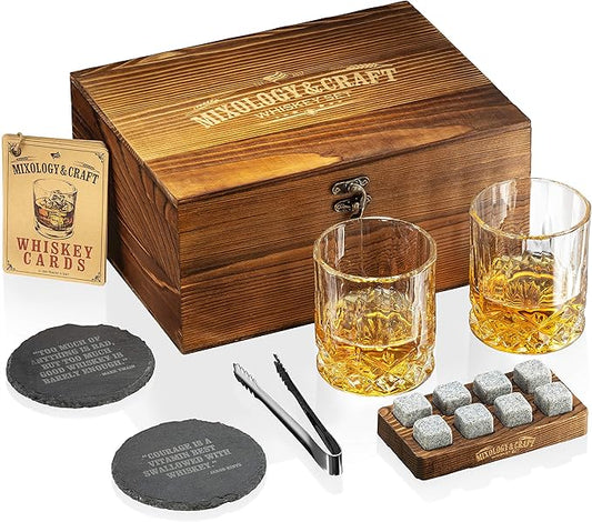 Mixology & Craft Whiskey Glasses Gift Set for Men 13-Piece with Pack of 2 Diamond Cut Glasses w/ 8 Granite Chilling Stones, 2 Coasters, Tongs & Cocktail Recipe Book in Wooden Crate