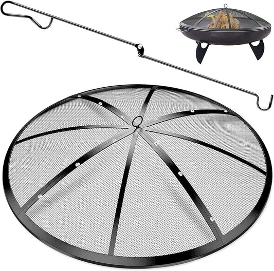 Fire Pit Spark Screen, 36Inch Fire Pit Lid Outdoor with Handle & Poker, Heavy-Duty Mesh Firepit Cove with 12 Reinforced Bars for Backyard/Beach/RV Camping
