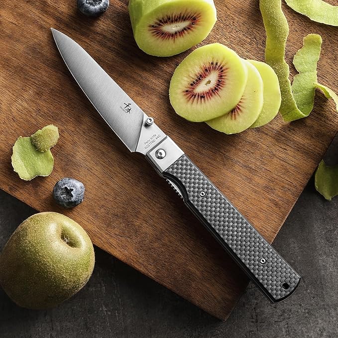 SENBON 440 Stainless Steel Super Sharp Pocket Folding Chef Knife Peeling Utility Knife Carbon Fiber Handle Camping Barbecue Outdoor Back Clip Portable Fruit Knife