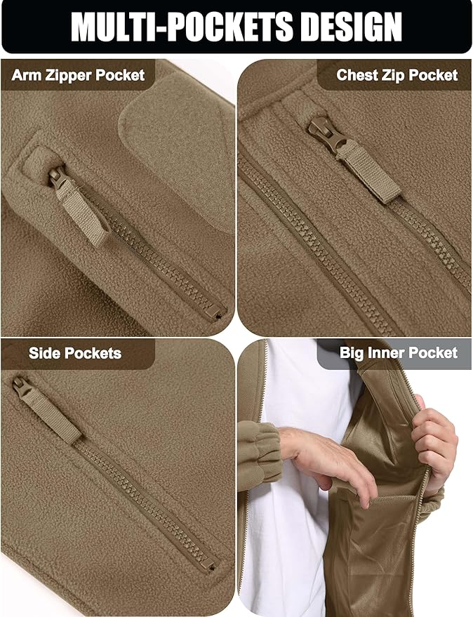 CRYSULLY Men's Fleece Jacket Tactical Full-Zip Winter Coat Jackets Multi Pockets