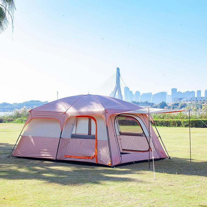 KTT Extra Large Tent 6-10-12-14 Person(A),Family Cabin Tents,2 Rooms,3 Doors and 3 Windows with Mesh,Straight Wall,Waterproof,Double Layer,Big Tent for Outdoor,Picnic,Camping,Family Gathering