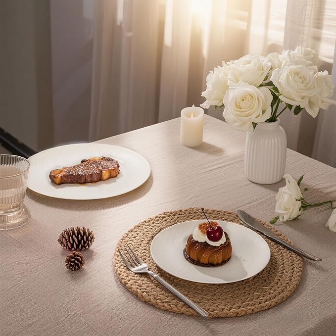 WONDERFUL 32pcs Heavy Duty Thanksgiving Plates Reusable Unbreakable & Dishwasher safe Ivory Plastic Plates Dishes Set Wedding Plate Frosted Design Includes:16 Dinner 10" and 16 Dessert Plate 7.3"