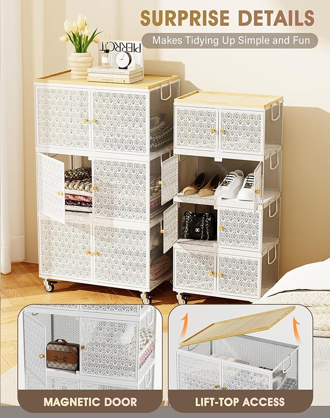 4 Tier Metal Storage Bins and Boxes Organizer, Magnetic Doors & 360°Swivel Lockable Wheels, Easy,labor-Saving, Ocean Life Cutout Pattern, Eco-Aesthetic for Living Room,Bedroom,bathroom,kitchen