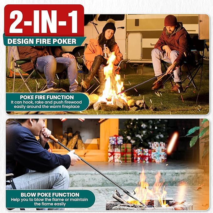 [UPGRADED] 40” Long Monolithic Design Fire Poker for Fire Pit with Blower Poke Function, Wooden Handle, Heat & Rust-resistance, Heavy Duty Fireplace Poker, Ideal for Camping, Fireplace, Woodstoves