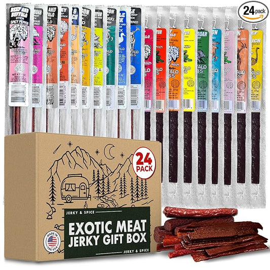 Buffalo Bob's Wild Game Meat Snacks Gift Box (24 pack) | Ultimate Exotic Snack Box | Multiple Wild Game Beef Sticks | Jerky Variety Pack for Anniversary, Camping, Hunting & Birthday Gifts for Men