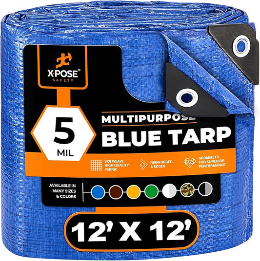 Better Blue Poly Tarp 12' x 12' - Multipurpose Protective Cover - Lightweight, Durable, Waterproof, Weather Proof - 5 Mil Thick Polyethylene - by Xpose Safety