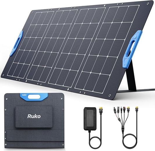 Ruko RK200 200W Portable Solar Panel, Foldable Monocrystalline Panel Charger with 23.5% Efficiency, Charging Expansion Box, IP67 Waterproof, Adjustable Kickstand for RVs, Camping, Blackout