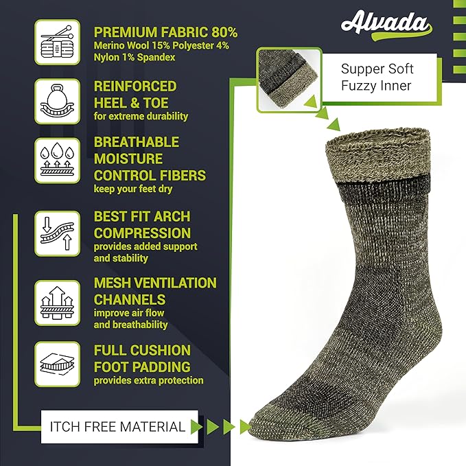 Alvada Merino Wool Hiking Socks Thermal Warm Crew Winter Boot Sock For Men & Women 3 Pairs