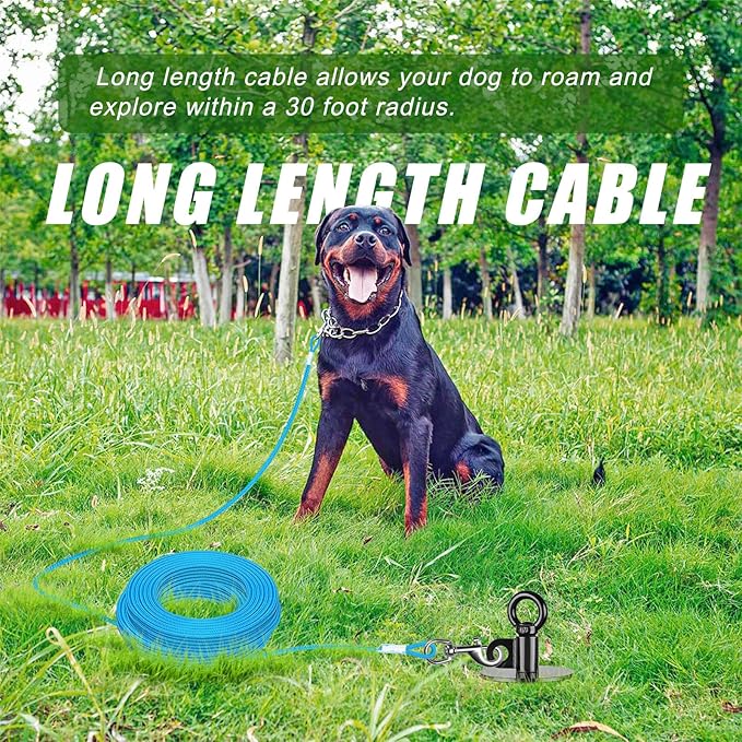 Dog Tie Out Cable and Stake, 30ft Dog Lead, 15" Heavy Duty Dog Anchor for Dogs Up to 125lbs, No Tangle, Dog Runner for Yard and Camping