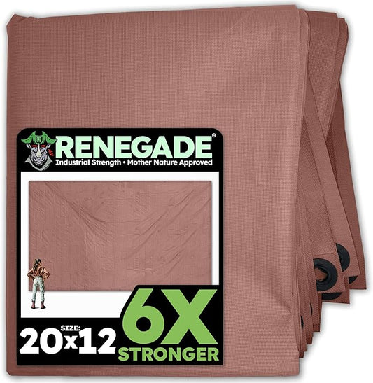 RENEGADE Industrial Tarp 20x12 ft Brown – Heavy Duty, Waterproof, UV-Resistant, PFAS-Free – Oversized Tarp for Construction, Landscaping, Farm Equipment & Weather Protection