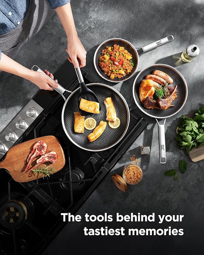 Non Stick Frying Pans Hybrid Ceramic With Lid, 12 Inch Tri-Ply Stainless Steel Skillet, Non-Toxic, PFAS/PFOA/PTFE Free, Metal Utensil Safe, Dishwasher & Oven Safe, Induction Compatible