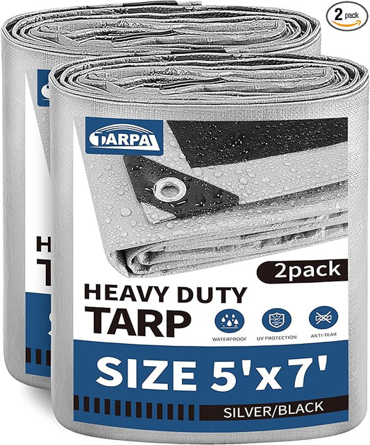TARPAL 5x7 Feet Tarps Silver 10.5Mil(2-Pack) Multipurpose Protective Cover Heavy Duty Tarp Waterproof,Snow or UV Protection, Durable Reinforced Edges