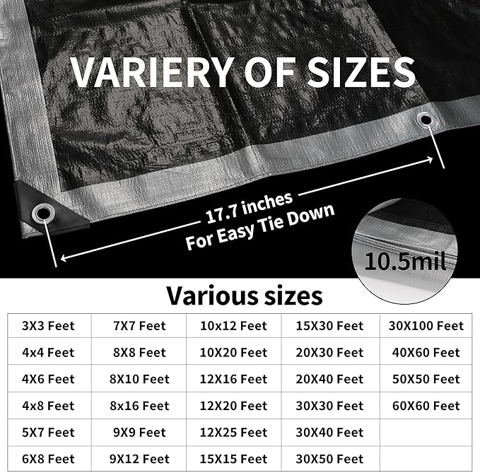 TARPAL Small Tarps 4x6 Feet(2-Pack) Heavy Duty Tarp 10.5Mil Multipurpose Protective Cover Waterproof,Snow or UV Protection,Durable Reinforced Edges,Silver/Black