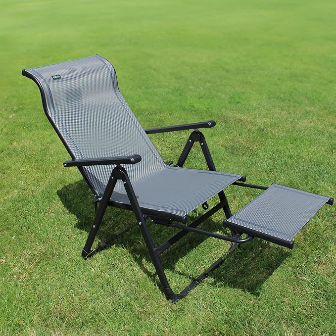 Caravan Sports Ergo+ Patio Folding Chair, Gray with Flip Out Footrest, 300 LBS Weight Capacity, 7 Recline Positions