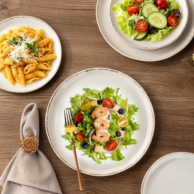 AmorArc 24 Pieces Ceramic Dinnerware Sets for 8, Handpainted Stoneware Plates and Bowls Set with Rustic Terracotta Underside, Scratch Resistant Dishes Set, Dishwasher & Microwave Safe