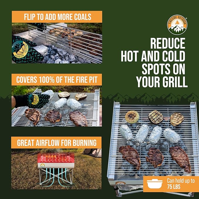 Fireside Outdoor Pop-Up Fire Pit Grill Grates - Folding Campfire Grill Grate Over Fire Pit Grate, Portable BBQ Grills, Camping Cooking, Camping Essentials, Outdoor Cooking - Quad-Fold Grates