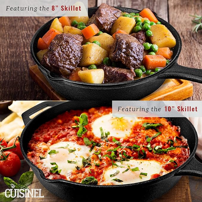 Cuisinel Cast Iron Cookware 18-Piece Set - Pre-Seasoned 6" + 8" + 10" + 12" Skillet + Grill Pan+Lid + Griddle + Pizza Pan + Dutch Oven+Pan Cover + Panrack + Silicone Handle Grips + Pan Scraper/Cleaner