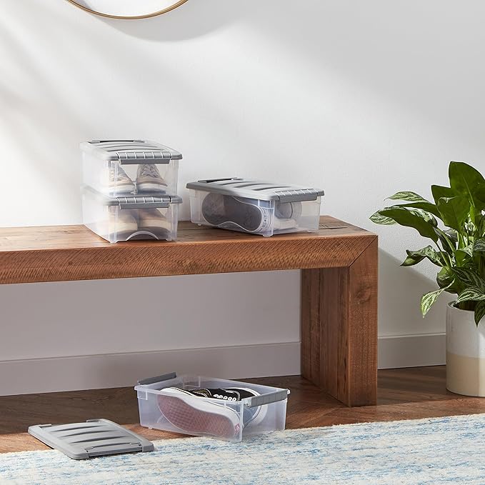 Amazon Basics Plastic Storage Containers with Secure Latching Lids, Stackable Organization Bins, Clear/Grey, 5 Quart, Set of 10