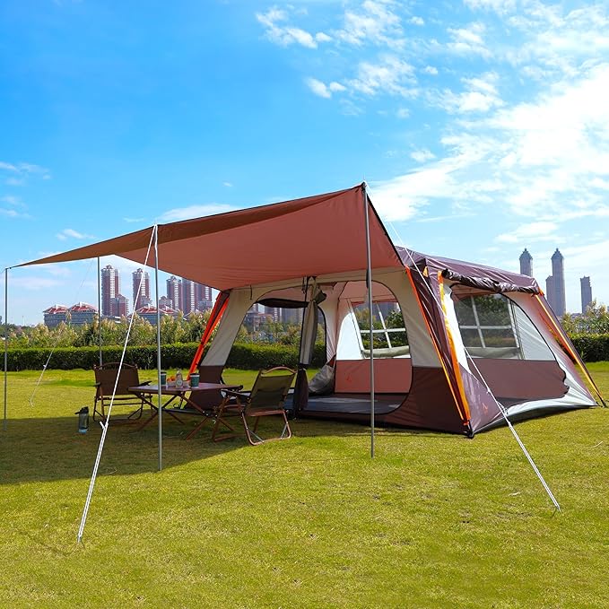 KTT Extra Large Tent 12 Person(A),Awning Family Cabin Tents,2 Rooms,3 Doors and 3 Windows with Mesh,Straight Wall,Waterproof,Double Layer,Big Tent for Outdoor,Picnic,Camping,Family Gathering。