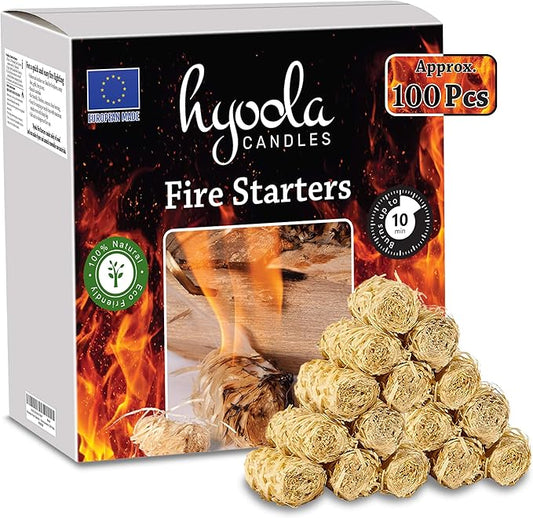 Hyoola Firestarters, 100% Natural Fire Starters, Easy to Use for BBQ & Grill, Campfire, Charcoal, Fire Pit and Waterproof for Indoor/Outdoor Use, No Flare Ups, 10 Minute Burn, 100 Firelighters