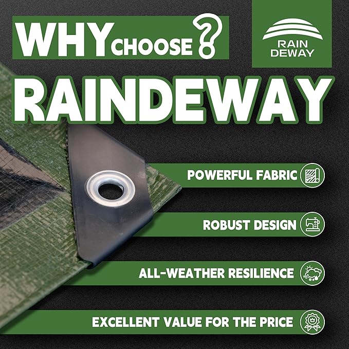 RAINDEWAY Tarps 8x10 Feet,Tarp Waterproof,9Mil Thick,Finished Size,Multipurpose Poly Tarp Cover with Metal Grommets and Reinforced Edges,Green/Black Tarpaulin