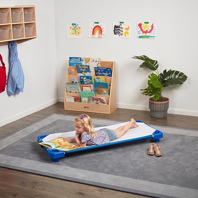 ECR4Kids Stackable Kiddie Cot with Sheet, Standard Size, Classroom Furniture, Blue, 6-Pack