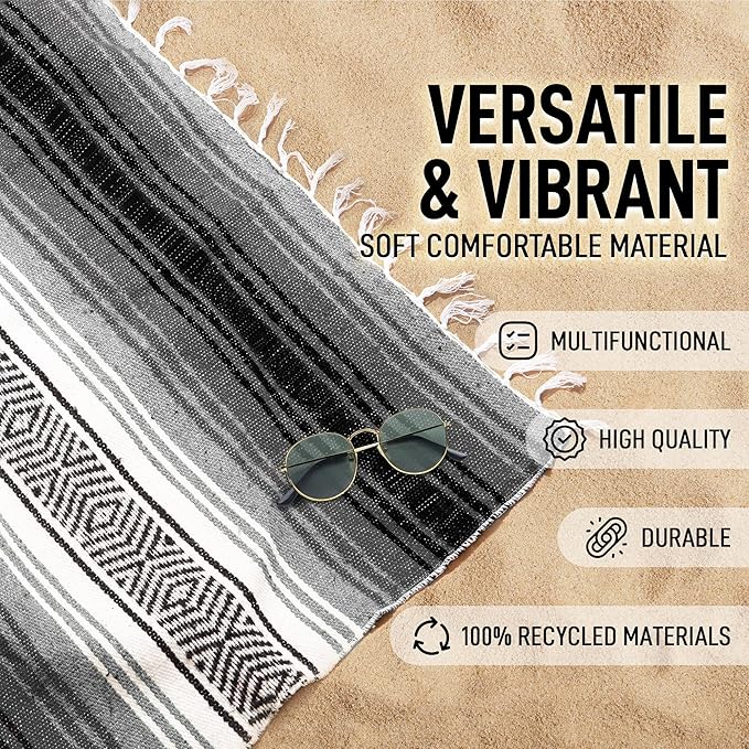 Hydration Nation Authentic Extra Large Mexican Blanket (70"x50") - Handwoven Yoga, Serape- Artisanal Falsa, Beach, Camping, Picnic, Outdoor(Gray)