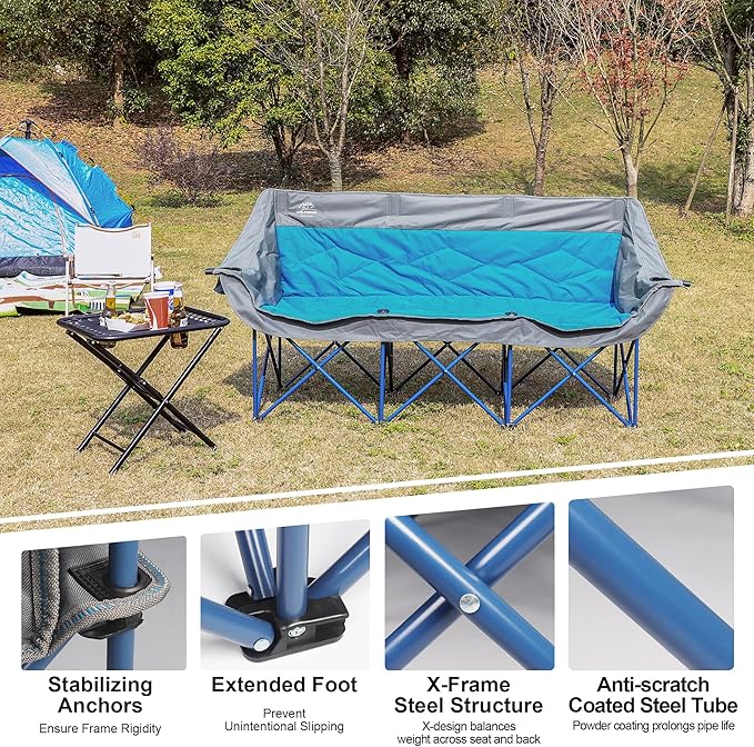 3 Person Camping Chairs,Supports 900Lbs,Oversized Loveseat Camp Chair w/Cup Holder,Wine Glasses Holder,Heavy Duty Extra Large Outdoor Folding Sofa Perfect for Family Picnic,Parties,Garden