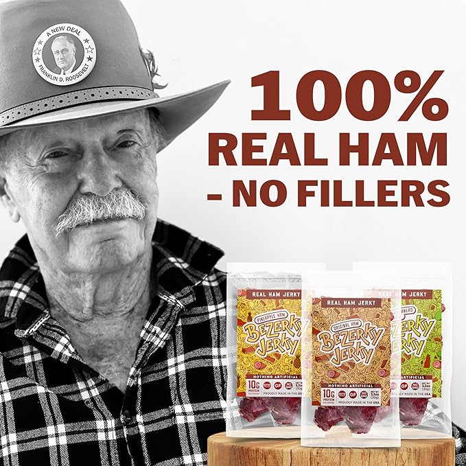 Old Fashioned Real Ham Jerky | Keto Gift Box | Dry Texture | No Nitrates | Pork Jerky | Small Batch Handcrafted | High Protein Snack | Authentic American | Gift For Dad | Bezerky Jerky | 6 Bags
