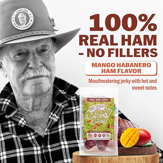 Premium Ham Jerky | Spicy Mango Habanero | Small Batch Handcrafted | All Natural Food | Healthy Keto Snack | American Made | Non-GMO | Gluten-Free | Low Fat | High Protein | Bezerky Jerky 3.3 Oz (Pack of 1)