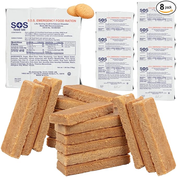 SOS Food Lab Emergency Food Bar - 3600 Calorie Ration (8 Pack Shortbread Cookie) - 3 Day/72 Hour Ready to Eat Supply for Camping, Hiking, Disaster Preparedness - 5 Year Shelf Life Energy Survival Food