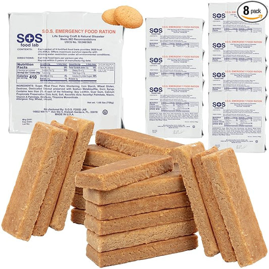 SOS Food Lab Emergency Food Bar - 3600 Calorie Ration (8 Pack Shortbread Cookie) - 3 Day/72 Hour Ready to Eat Supply for Camping, Hiking, Disaster Preparedness - 5 Year Shelf Life Energy Survival Food