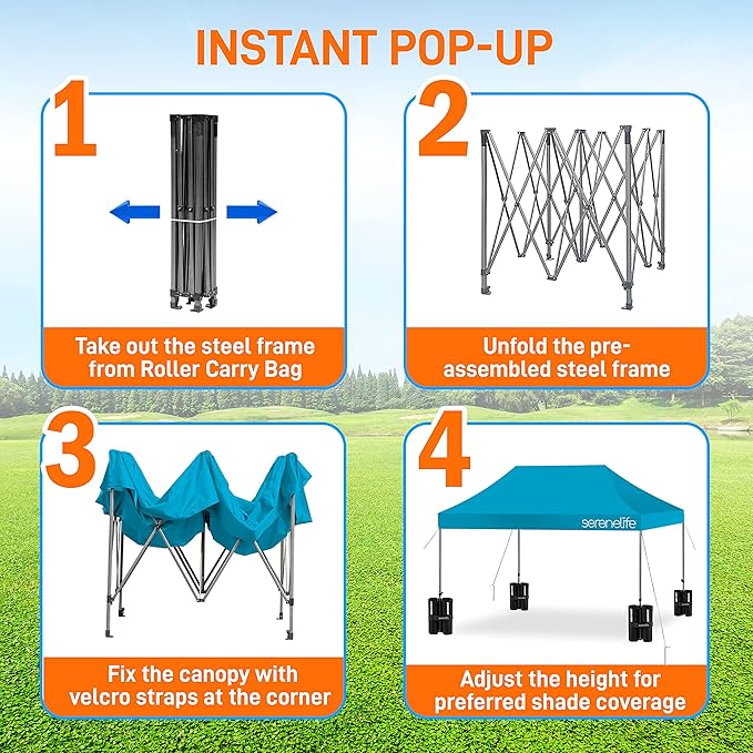 SereneLife SLGZ15SB Pop Commercial Instant Shelter-Waterproof Polyester Tent with Portable Wheeled Carry Sand Bag, 10 x 15 ft. (Sky Blue), 10x15