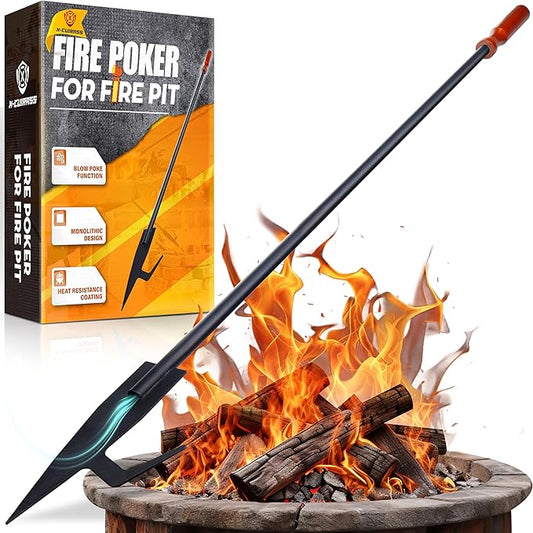 [UPGRADED] 40” Long Monolithic Design Fire Poker for Fire Pit with Blower Poke Function, Wooden Handle, Heat & Rust-resistance, Heavy Duty Fireplace Poker, Ideal for Camping, Fireplace, Woodstoves