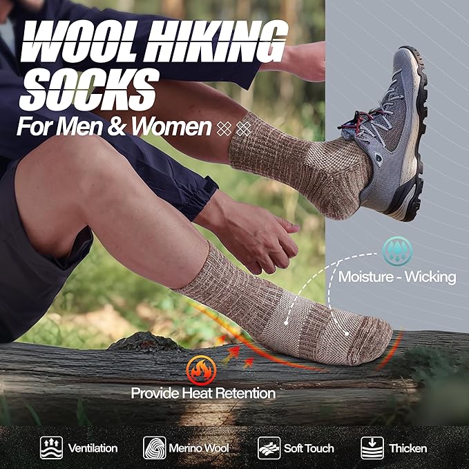 ANTSANG Merino Wool Hiking Socks for Men & Women 5 Pairs Thermal Warm Winter Thick Cushion Moisture Wicking Crew Boot Socks