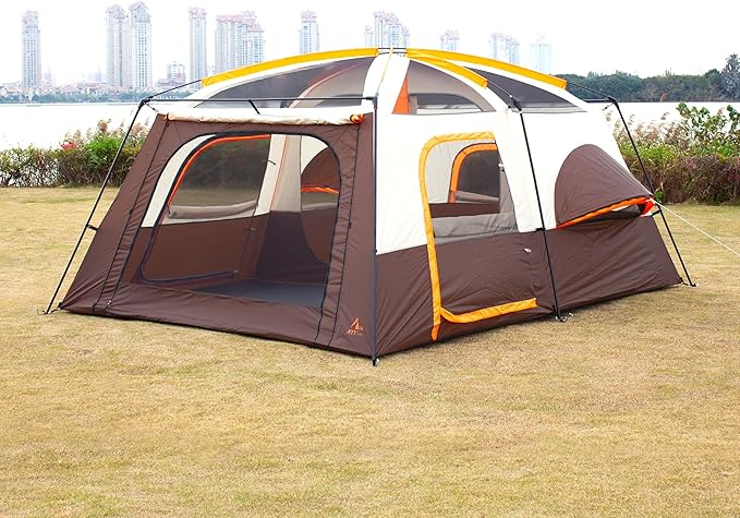 KTT Extra Large Tent 6-10-12-14 Person(A),Family Cabin Tents,2 Rooms,3 Doors and 3 Windows with Mesh,Straight Wall,Waterproof,Double Layer,Big Tent for Outdoor,Picnic,Camping,Family Gathering